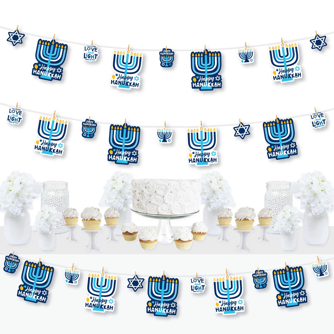 Big Dot of Happiness Hanukkah Menorah - Chanukah Holiday Party DIY Decorations - Clothespin Garland Banner - 44 Pieces